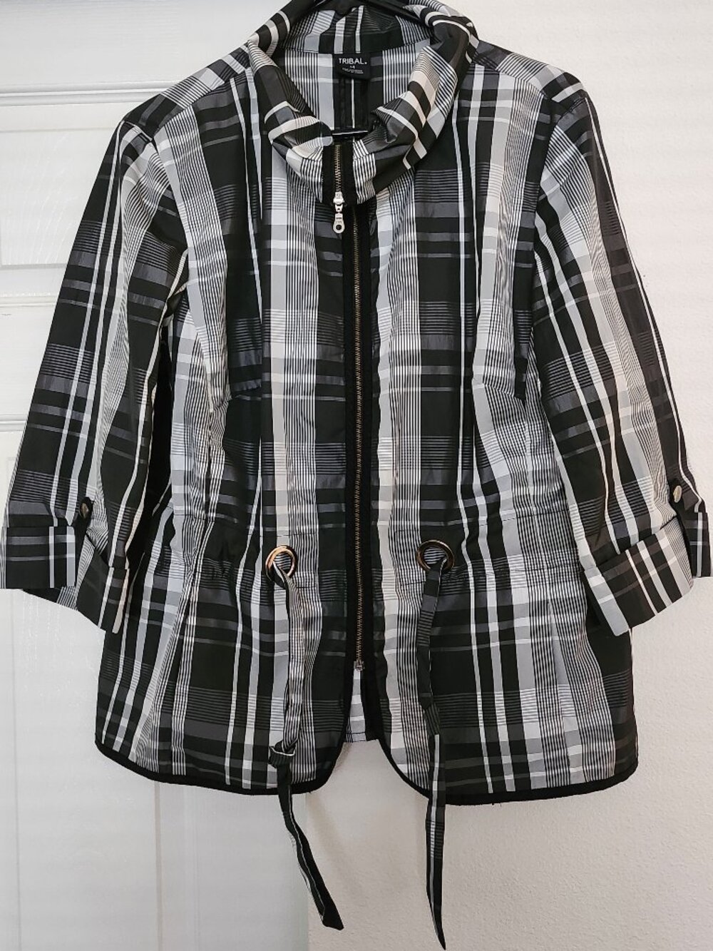 Tribal Black White Plaid Zip Jacket Drawstring Waist Sz 14